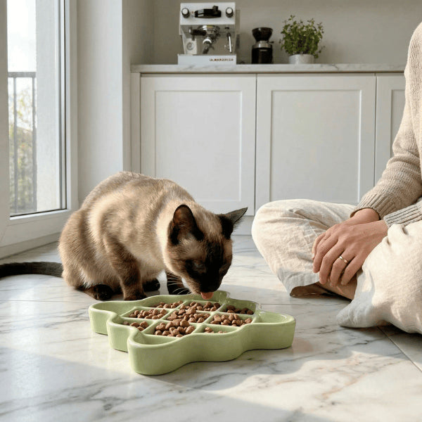 Gamelle anti glouton céramique pour chat stimule recherche et ralentit ingestion croquettes
