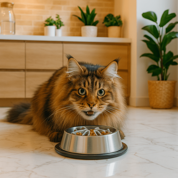 Chat utilisant une gamelle anti glouton chat BaseBowl™ grise en silicone