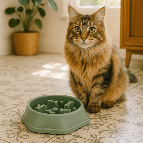 Maine coon avec une gamelle anti glouton chat Break Bowl™ verte