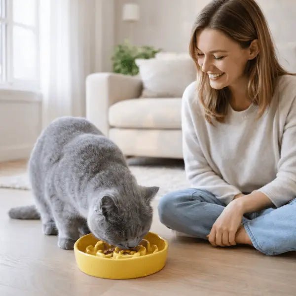 Chat utilisant le gamelle anti-glouton chat céramique avec son propriétaire