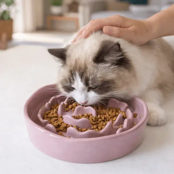 Propriétaire caresse son chat détendu avec sa gamelle anti-glouton céramique