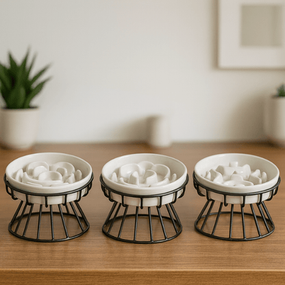 Gamelle anti glouton chat ceramique surélevée amovible trois motifs smiley fleur labyrinthe