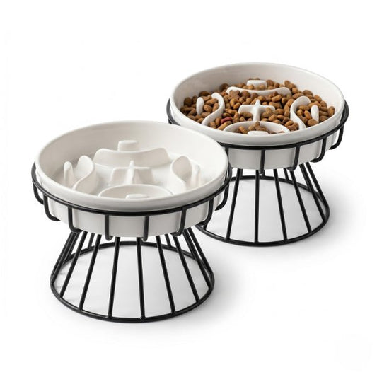 Gamelle anti glouton chat céramique surélevée support fer stable labyrinthe anti vomissement