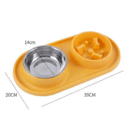 Gamelle anti-glouton chat double bols inox amovible croquettes eau jaune | Oxford Duo™