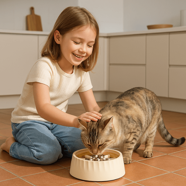 Chat mangeant ses croquettes dans une gamelle anti glouton