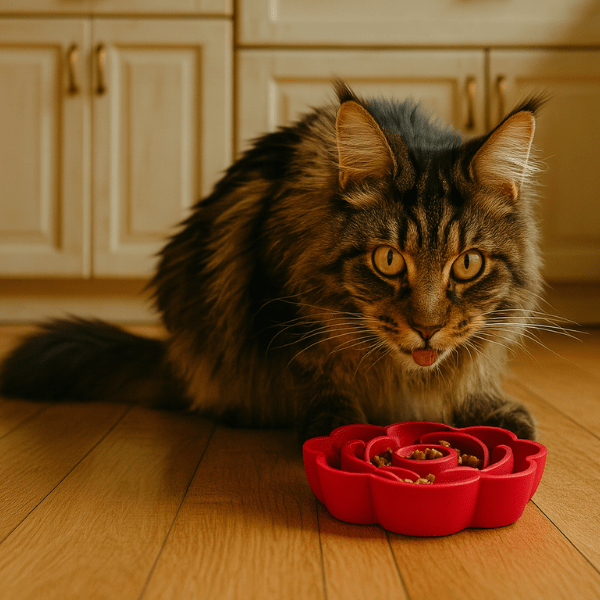 Maine coon utilisant une gamelle anti glouton chat FlowerSlow™ pour croquettes