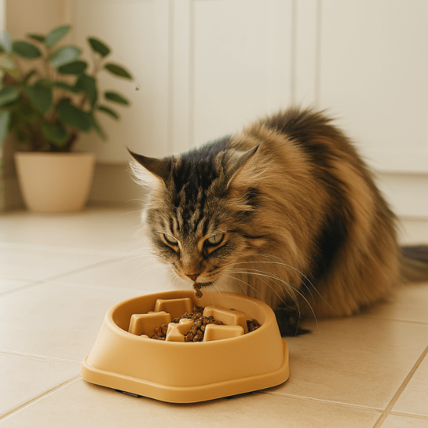 Maine coon utilisant une gamelle anti glouton chat jaune pour ralentissement efficace repas