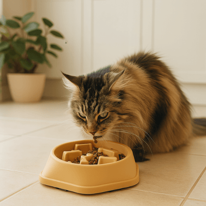 Maine coon utilisant une gamelle anti glouton chat jaune pour ralentissement efficace repas