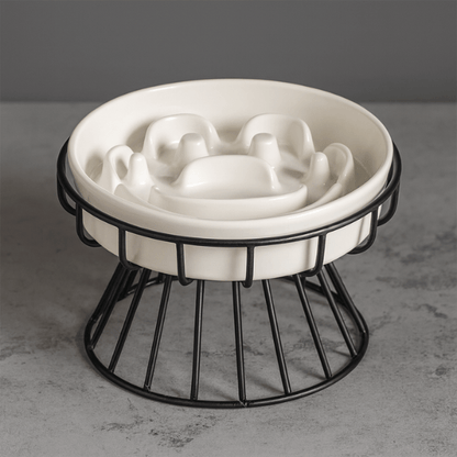 Gamelle anti glouton chat smiley ceramique blanche surélevée support fer noir NoRush Bowl™