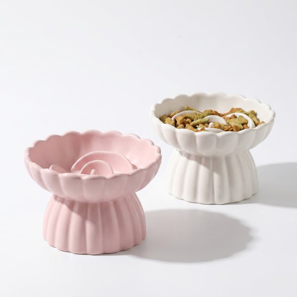 Gamelle anti glouton chaton céramique surélevée à reliefs rosaces doux pour repas lent confortable