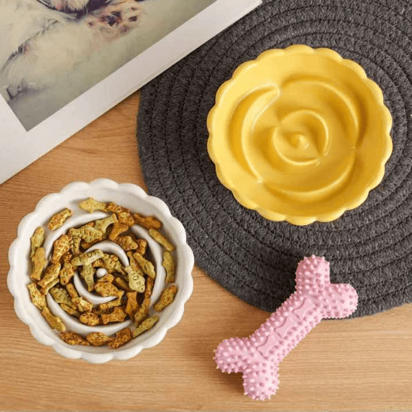 Gamelle anti glouton chaton céramique surélevée jaune et blanche - alimentation lente