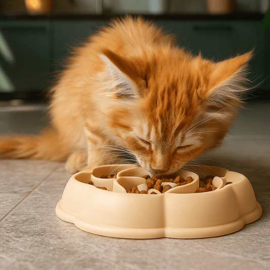 Gamelle anti glouton chaton et petit maine coon qui mange lentement croquettes