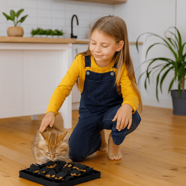 Enfant caresse chaton qui mange dans gamelle anti glouton chaton silicone MeowMeal™