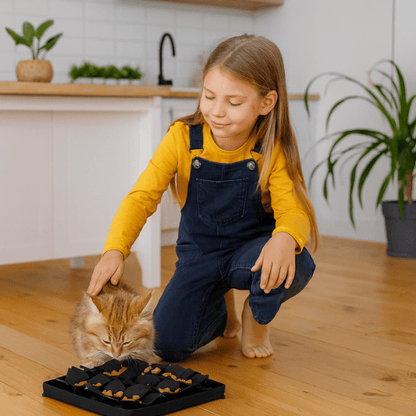 Enfant caresse chaton qui mange dans gamelle anti glouton chaton silicone MeowMeal™