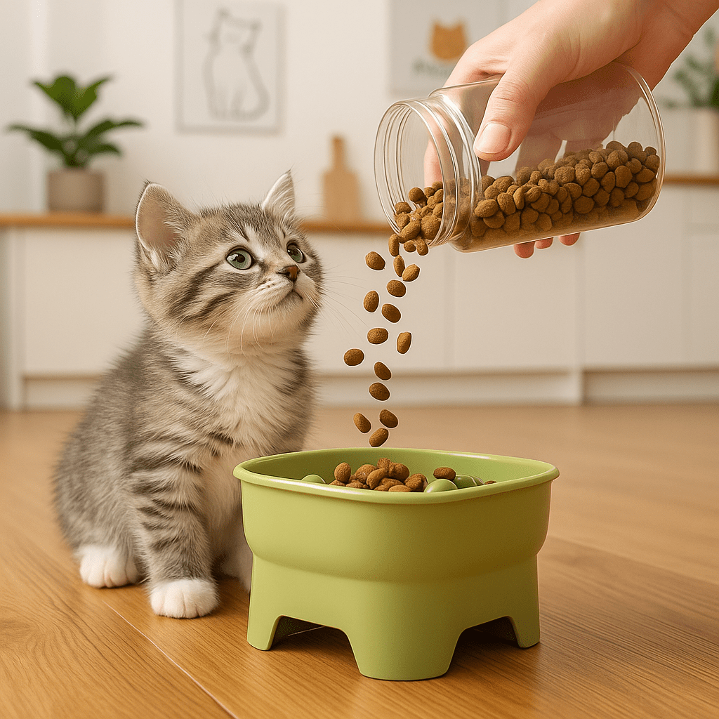 Croquettes versées dans gamelle anti glouton chaton SavourKitten™ verte avec chaton