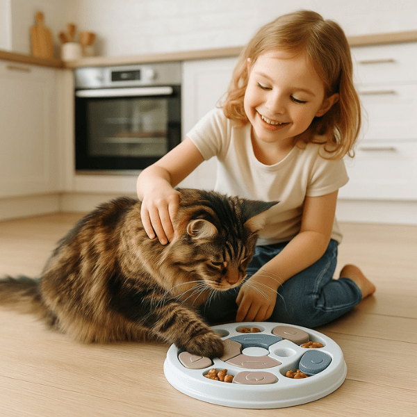 Maine coon mangeant des croquettes dans une gamelle anti glouton PuzzleCroc™