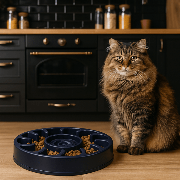 Maine Coon et une gamelle anti glouton avec réservoir d’eau intégré