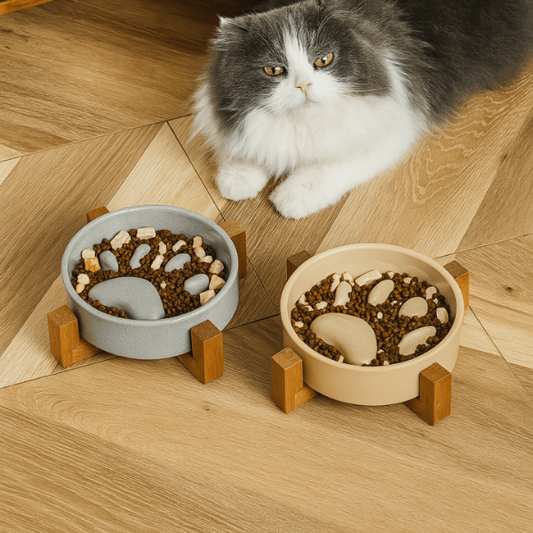 Chat et ZenCroquette™ – gamelle anti glouton présentée en situation