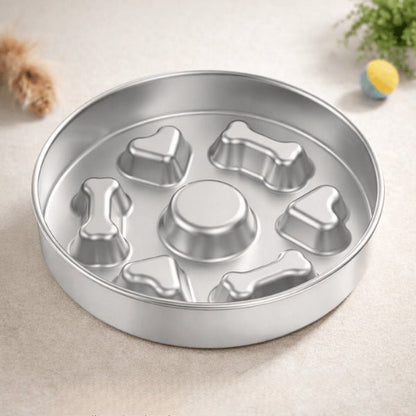 Gamelle antiglouton chat inox avec reliefs en forme d'os et cœur pour stimuler l'intelligence du chat