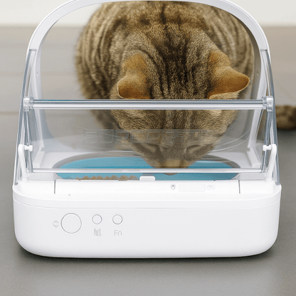 Gamelle automatique chat avec puce porte ouverture bouton programmable félin mange dans MiaoMatic Puce™