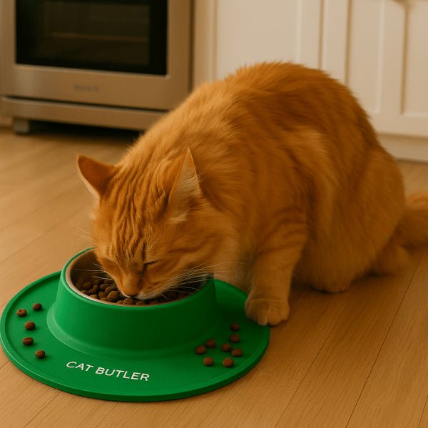 Gamelle chat anti débordement vert sol propre et félin roux mange croquettes Bowl Clean™