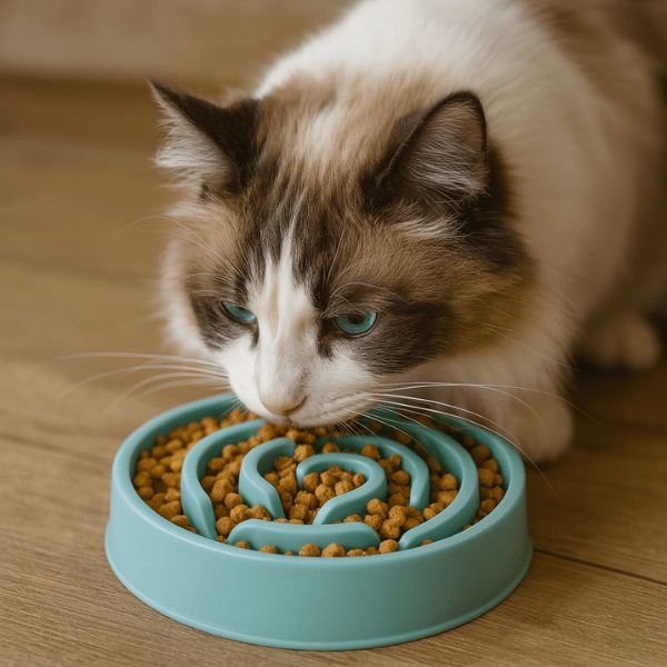 Chat mangeant croquettes dans gamelle chat anti glouton Bowl Control™