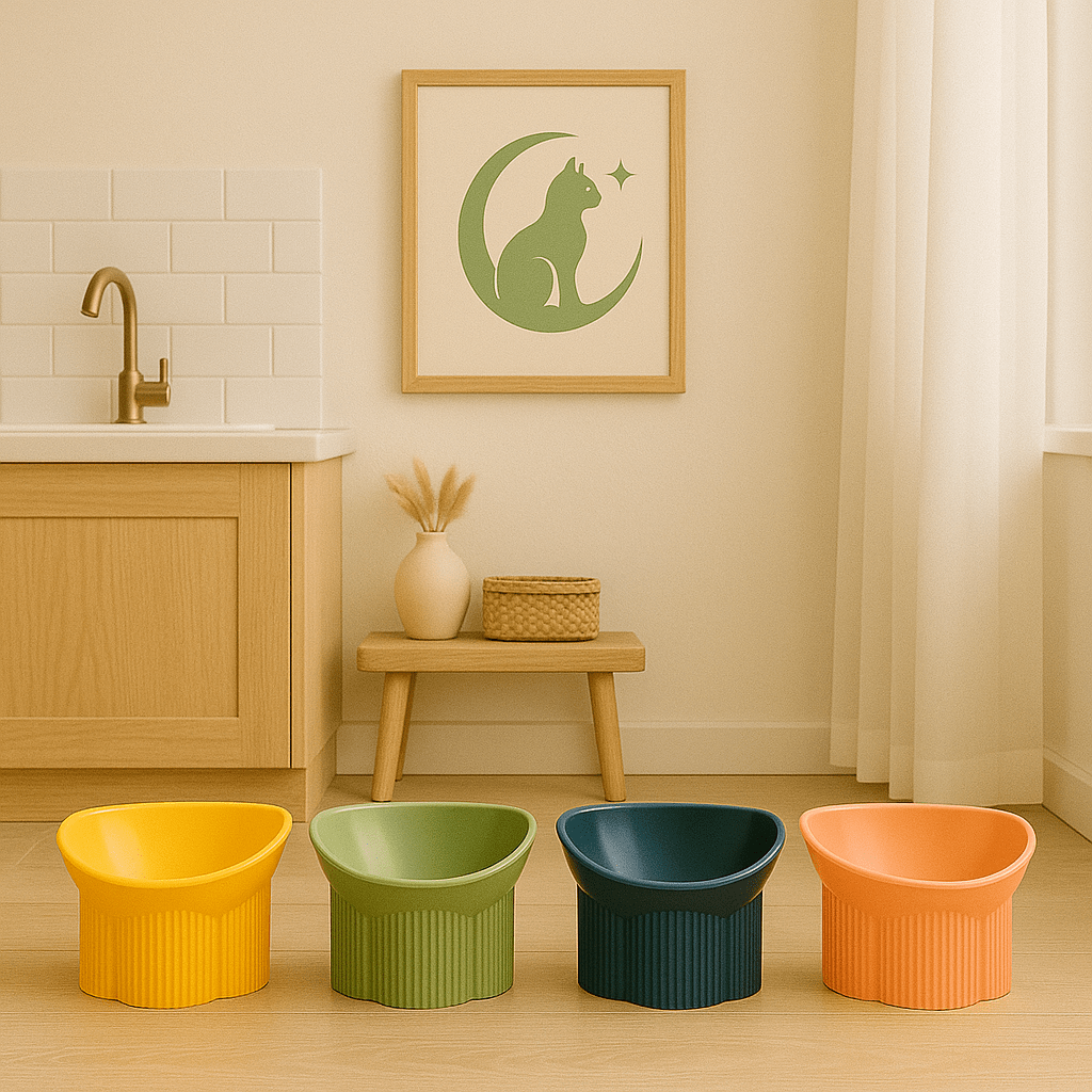 Gamelle chat anti renversement par 4 jaune verte bleue orange alignées dans cuisine Anti-tipCatBowls™
