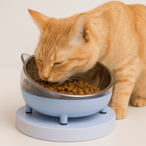 Gamelle chat bleu ronde avec félin roux qui mange croquettes dans Moustache Bowl™