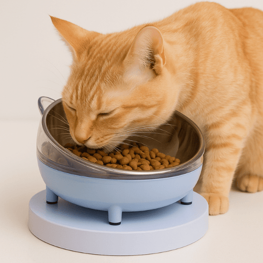 Gamelle chat bleu ronde avec félin roux qui mange croquettes dans Moustache Bowl™