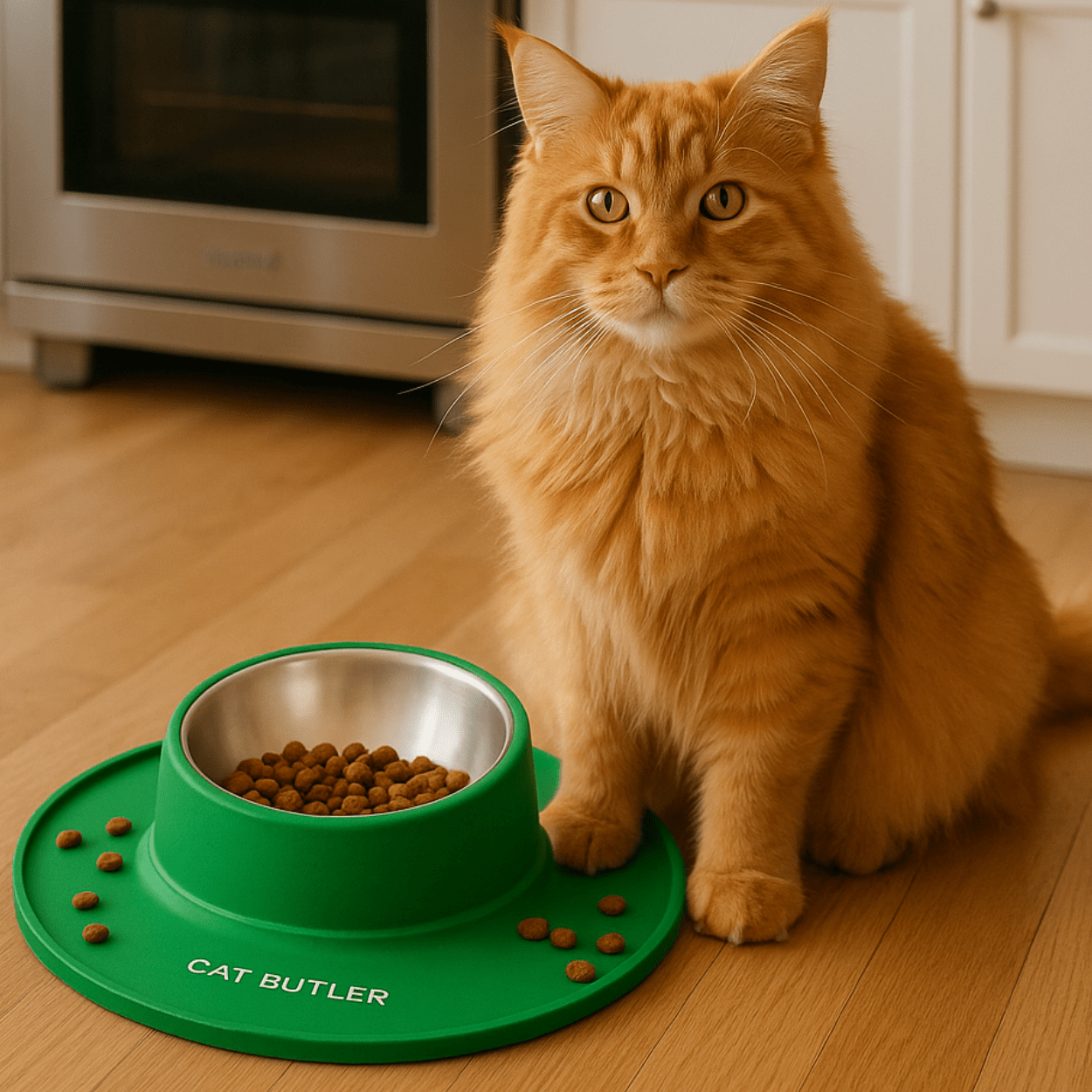 Gamelle chat anti débordement support silicone antidérapant avec croquettes pour repas chat roux - Bowl Clean™