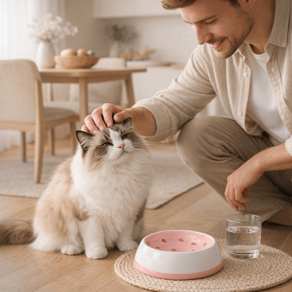 Gamelle chat céramique crée un repas apaisé entre un Ragdoll et son maître