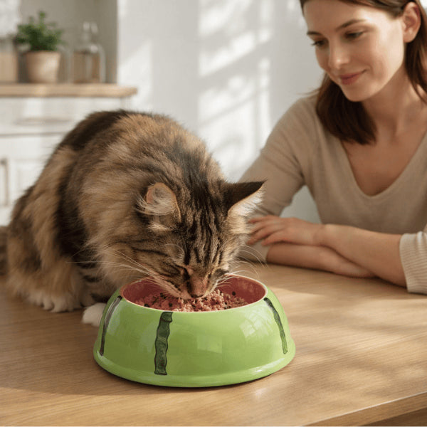 Gamelle chat céramique rassure un Maine Coon pendant le repas de pâtée avec sa maîtresse
