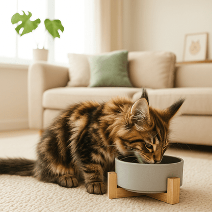 Gamelle chat ceramique ronde gris simple bol support bois et repas maine coon dans salon - CrocCat™