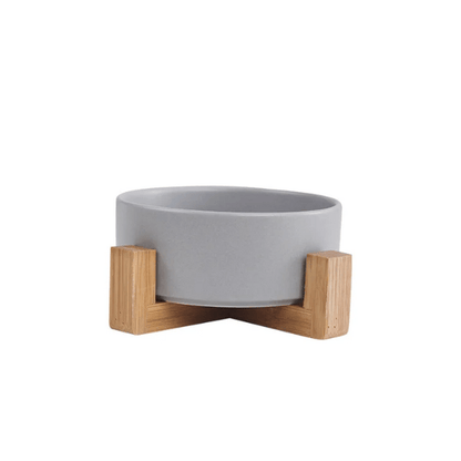 Gamelle chat ceramique ronde grise bol simple support bois naturel - CrocCat™