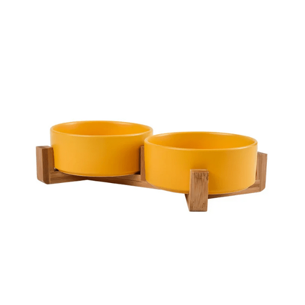Gamelle chat ceramique ronde jaune bol double support bois naturel - CrocCat™