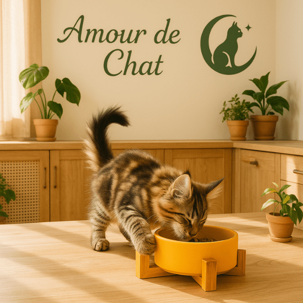 Gamelle chat ceramique ronde jaune support bois naturel avec repas chaton tigré cuisine - CrocCat™