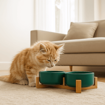 Gamelle chat ceramique verte support bois naturel avec repas chaton roux salon - CrocCat™