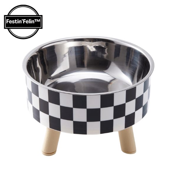 Gamelle chat design surélevée motif damier bol inox amovible Festin'Félin™