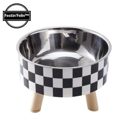 Gamelle chat design surélevée motif damier bol inox amovible Festin'Félin™