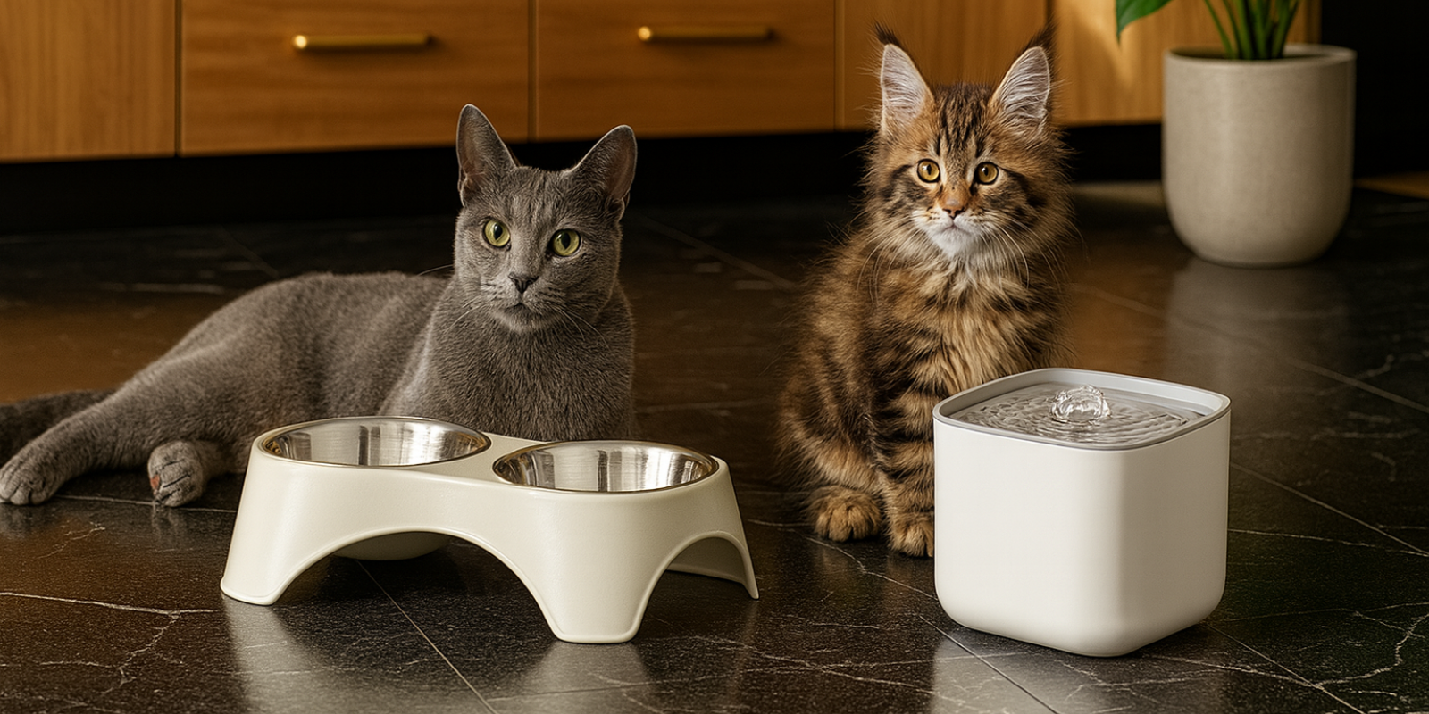 Gamelle chat double design et fontaine a eau chat dans une cuisine moderne