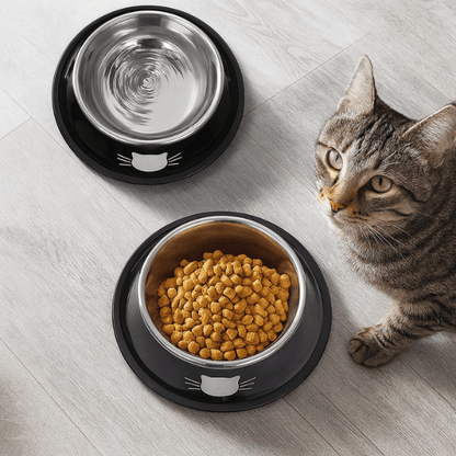 gamelle chat inox noire par deux vue dessus avec croquettes eau félin tigré CrocMiaou™