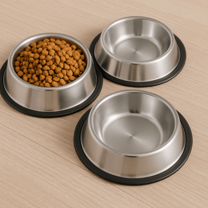 Gamelle chat inox par trois croquettes et vide Croc'Inox™ anti-dérapante