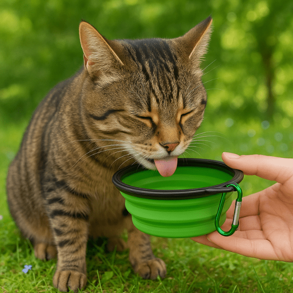 Gamelle chat pliable silicone verte avec félin tigré qui boit dehors en ballade