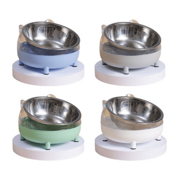 Gamelle chat inclinée quatre couleurs différentes bleu gris vert blanc Moustache Bowl™