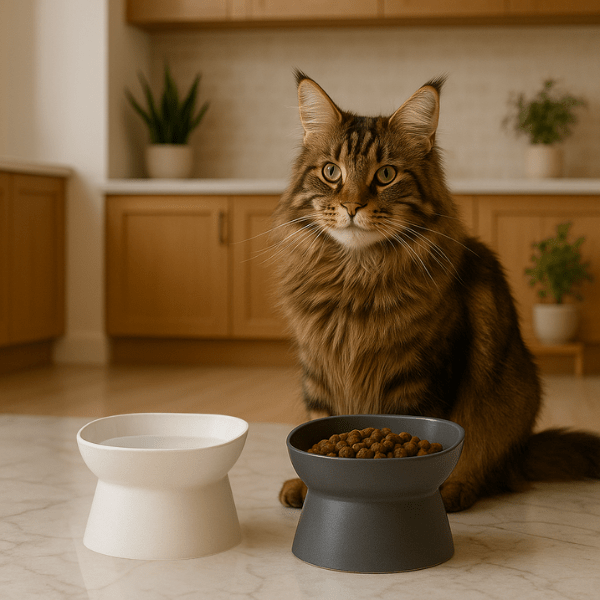 Gamelle chat surélevée blanche et grise avec croquettes eau et maine coon dans cuisine - Bol Purrfect™