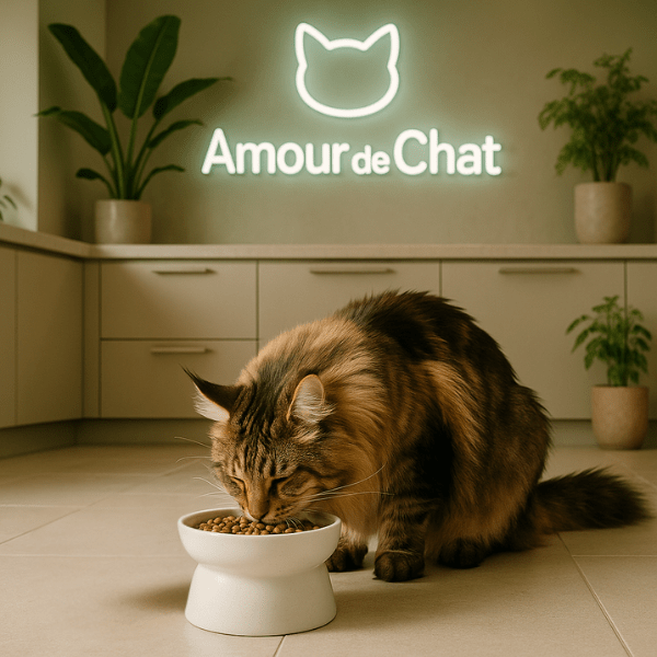 Gamelle chat surélevée réversible ronde blanche avec maine coon qui mange croquettes et fond cuisine - Bol Purrfect™