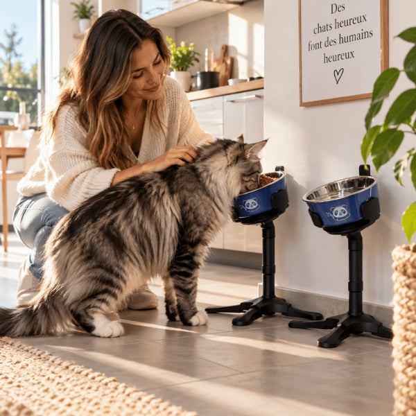 Gamelle chat surélevée créant un coin repas ajustable confortable et stable