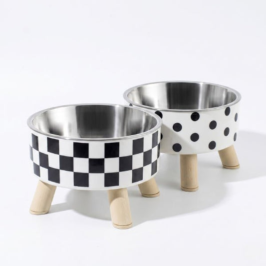 Gamelle chat surélevée design damier et point noir à bol inox amovible pour repas confortable