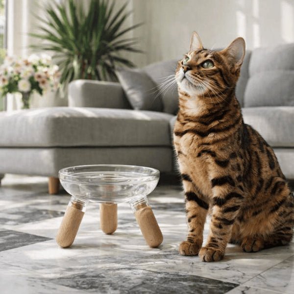 Gamelle pour chat surélevée 3 pieds en bois bengal attend repas salon