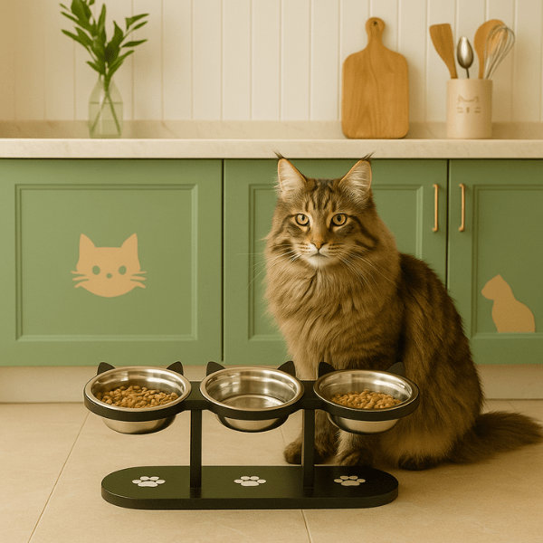 Gamelle chat surélevée triple 3 bols inox support noir réglable avec eau croquettes et maine coon dans cuisine FéliMood™